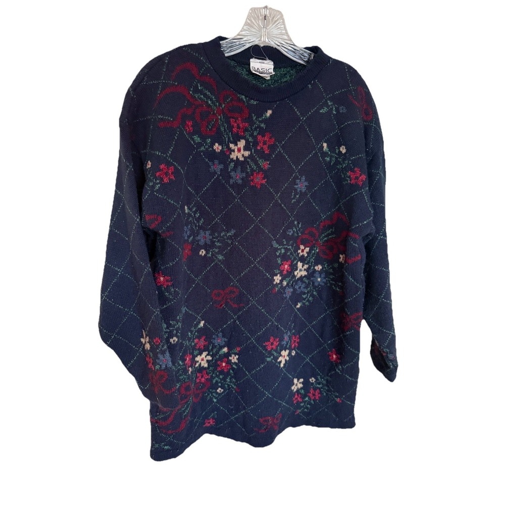 Basic Editions Navy Green Floral Knit Sweater Scalloped Crewneck Medum - Picture 1 of 7